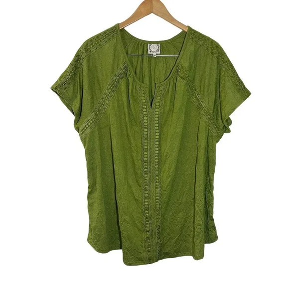 Truself Green Blouse Plus Size 3X Lace Trim Embroidered V Neck Short Sleeve Top - Picture 1 of 4
